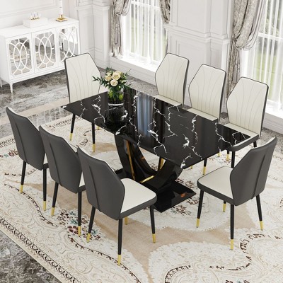 NicBex 9 Piece Black Marble Pattern Tempered Glass Dining Set with 8 PU Chairs for Dining Meeting Room