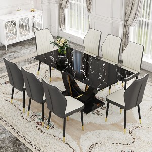 NicBex 9 Piece Black Marble Pattern Tempered Glass Dining Set with 8 PU Chairs for Dining Meeting Room - 1 of 4