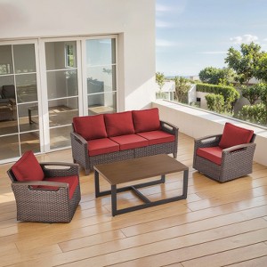 POCASSY Outdoor Patio Furniture Set with Swivel Chairs, All Weather Brown Wicker Outdoor Sofa Set with Metal Coffee Table and Comfort Thick Cushion - 1 of 4