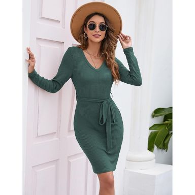 Coolmee Women V Neck Long Sleeve Bodycon Wrap Mini Sweater Dress with Belt Dark Green XL