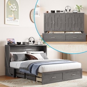 Murphy Bed Cabinet with Foldable Mattress, Queen Murphy Bed with Charging Station, Drawers - 1 of 4
