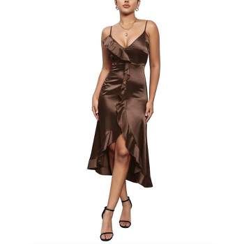 Whizmax  Women's Sleeveless V-neck Thin Straps Satin Dress Sexy Ruffle Cocktail Party Dress Club Midi Dress