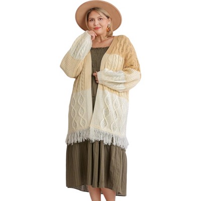 Slickblue Plus Size Open Front Patchwork Cardigan, Frayed Hem, Long Sleeve Knit Sweater, Natural Mix, Size XL-2XL