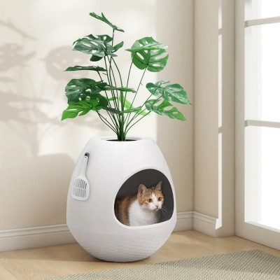 LunaLulinlk white cat litter box set with artificial plants, additional scoop, and replaceable litter box liner