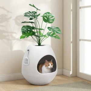 LunaLulinlk white cat litter box set with artificial plants, additional scoop, and replaceable litter box liner - 1 of 4