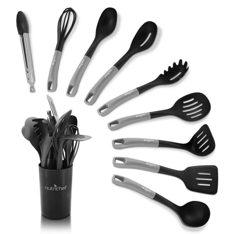 NutriChef 10 Pcs. Silicone Heat Resistant Kitchen Cooking Utensils Set - Non-Stick Baking Tools with PP Holder (Silver & Black), 1 of 5