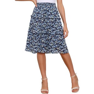 Allegra K Women's Floral Print Smocked Elastic Waist Midi Flowy Tiered Ruffle Skirt - 1 of 4