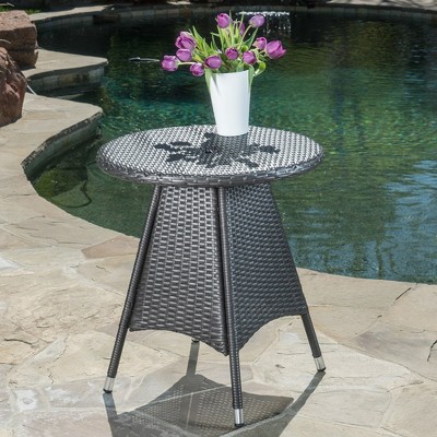 25.75 Inch Outdoor Dining Table, Round Patio Dining Table, Metal Frame Resin Wicker Bistro Table, Outdoor Furniture