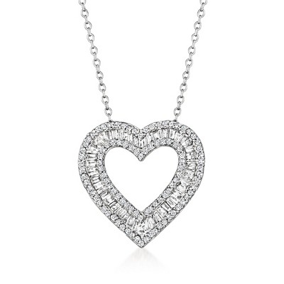 Ross-Simons 1.00 ct. t.w. Baguette and Round Diamond Open-Space Heart Pendant Necklace in Sterling Silver