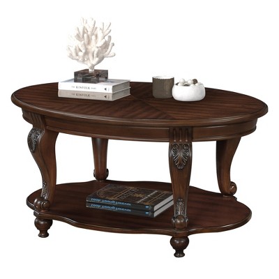 42" Oval Wood Coffee Table, 2-Tier Solid Rubberwood, Open Storage Shelf, Distressed Chipped Finish, Heat-Resistant Veneer, Easy Assembly