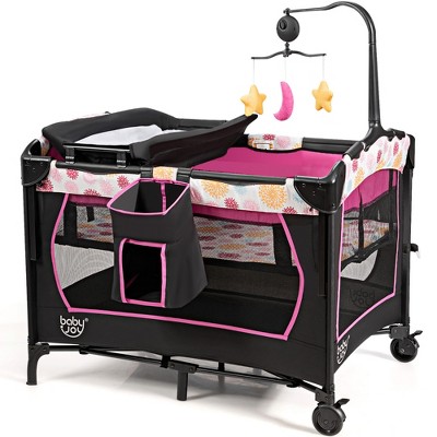Image of Babyjoy 3-in-1 Convertible Portable Baby Playard Newborn Napper Height Adjustable Pink