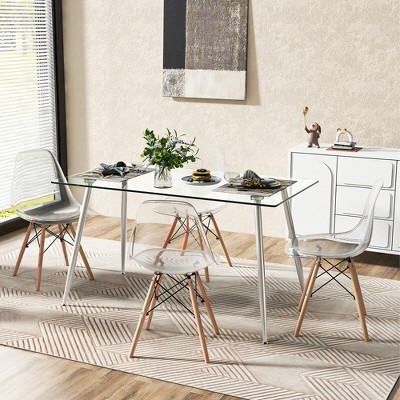 Modern Clear Glass Rectangular Dining Table with Silver Metal Legs