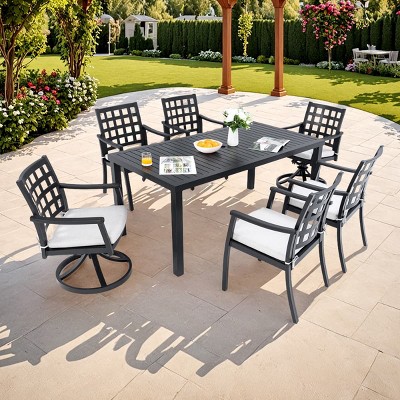 7 Piece Cast Aluminum Patio Dining Set with Rectangular Table 4 Armchairs and 2 Swivel Rockers with Cushions for Outdoor Deck or Garden–Maison Boucle