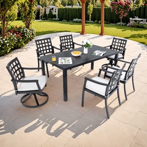 7 Piece Cast Aluminum Patio Dining Set with Rectangular Table 4 Armchairs and 2 Swivel Rockers with Cushions for Outdoor Deck or Garden–Maison Boucle - 1 of 4