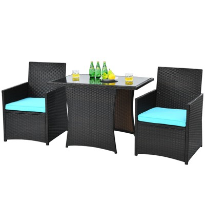 Tangkula 3PCS Patio Rattan Dining Set Space-Saving Furniture Set with Tempered Glass Top Table and Cushioned Chairs