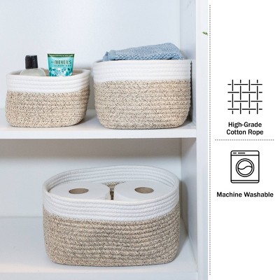 Natural and White Cotton Rope 3-Piece Storage Basket Set