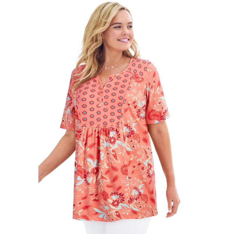 Woman Within Women's Plus Size Mixed Print Henley Tunic, 1 of 2