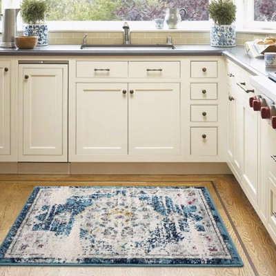 2x3 Vintage Rug Non Slip - Floral Doormat for Front Door, Kitchen, Bedroom (Blue)