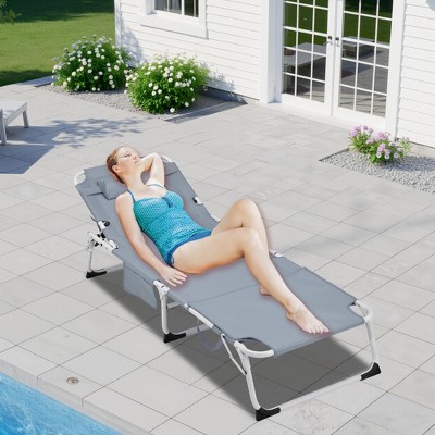 Outside Portable Tanning Chair with Face Hole, 5-Position Folding Chaise Lounge Chair for Beach Sunbathing Patio Pool Lawn Camping Deck, Grey