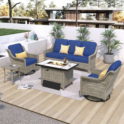 XIZZI 5 Pieces Furniture Set with Fire Pit Table, All Weather Rattan Furniture Set with Swivel Rocking Chairs and 3-Seat Sofa, Conversation Set