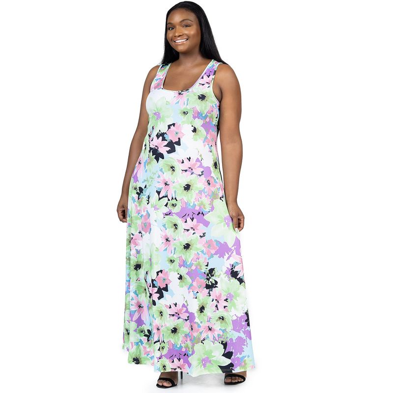 24seven Comfort Apparel Plus Size Pastel Floral Scoop Neck A Line Sleeveless Maxi Dress, 2 of 7