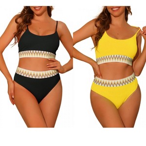 Elerevyo Women's High Waisted Ribbed Adjustable Spaghetti Straps Push Up Swimsuit Bathing Suits 2 Sets - 1 of 4