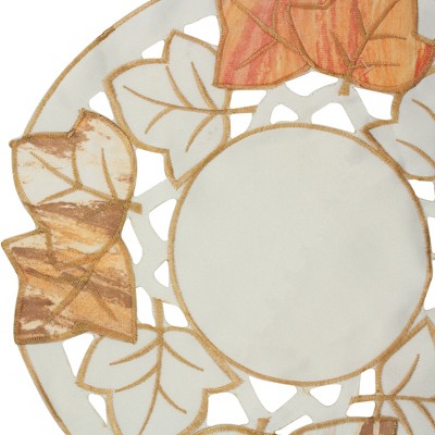 12" Autumn Elegance Embroidered Leaf Doily in White & Beige