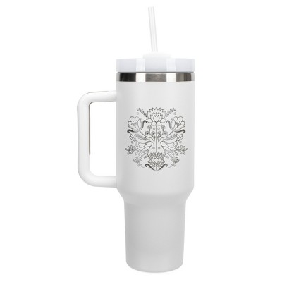 Elanze Designs Love Birds Vintage Floral Damask Wrap-Around 40 Oz. Stainless Steel Water Bottle Coffee Mug, Spill & Leak Resistant, Travel Tumbler