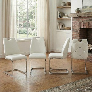 Gulches Set of 4 White Faux Leather Dining Chairs, High Back Upholstered Kitchen Chairs with Gold Mesh Texture, Silver Back Ring - 1 of 4