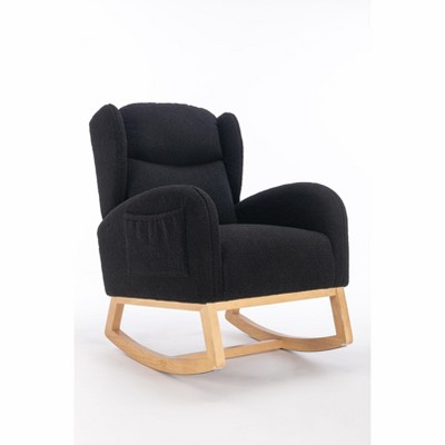 Vynxaria Black Teddy Fabric Rocking Accent Chair with Wooden Legs, Indoor Rocker