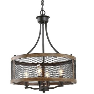 LNC Salle 4-Light 16" Modern Farmhouse Drum Small Chandelier,Matte Black and Antique Brown Wood Grain - 1 of 4