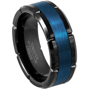 Jewelry Avalanche 8mm Grooved Beveled Black & Blue IP Tungsten Carbide Mens Wedding Band - 1 of 4