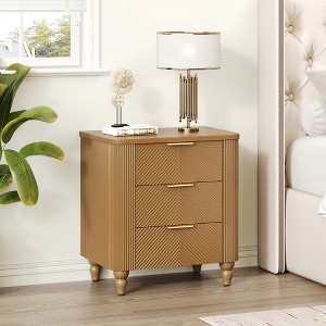 JANSNO Mid-Century Nightstand with 3 Fluted Drawers, Curved Profile & Gold Handles - 1 of 4