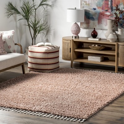 Braided Tassel Pink Shag Round Area Rug, Easy Care Synthetic