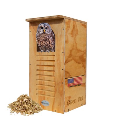 JCs Wildlife Barred Owl Nesting Box - Treated Exterior Grade Plywood - Mounting Hardware and Pine Shavings Included - Dedicated Clean Out Door for