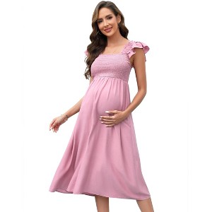 Coolmee Women's Summer Maternity Midi Dresses Cap Ruffle Flying Sleeve Square Neck Smoked Flowy Pleated Babydoll Dress - 1 of 4
