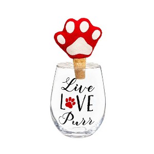 17 OZ Stemless Glass with Paw Print Stopper, Live Love Purr, Gift Set - 1 of 3