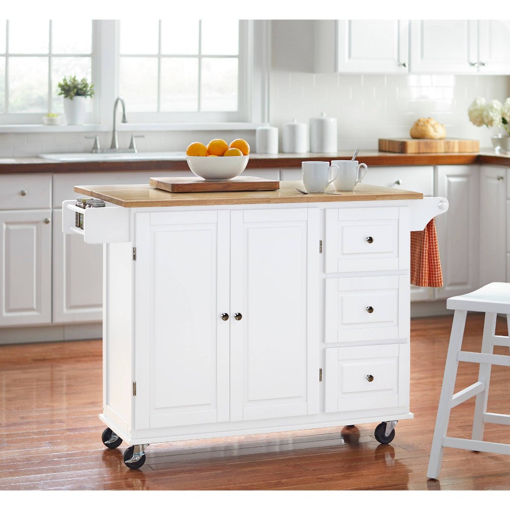 Buylateral Aspen Kitchen Cart White: Mid-Century Modern Design, Satin Finish, Rubberwood Surface, Storage with Casters/Wheels