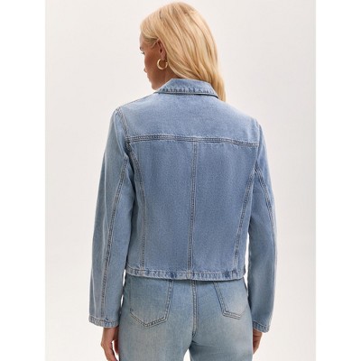 INSPIRE CHIC Women's Long Sleeve Turndown Collar Pockets Lightweight Denim Cropped Bomber Jackets Large Light Blue — фото 4