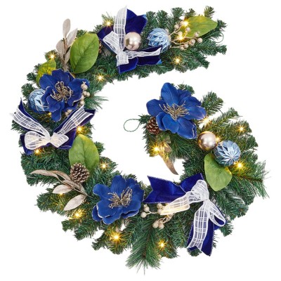 6ft Blue Pre-Lit Christmas Garland with LED Lights, Festive Wreath with Blue Flowers, Bows, Ornaments & Pinecones for Holiday Decoration