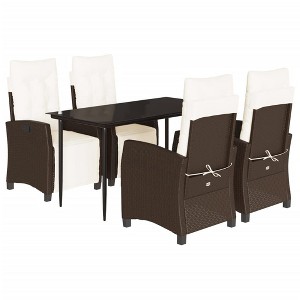 vidaXL 5 Piece Patio Dining Set - Brown Poly Rattan with Cushions, Adjustable Garden Seating, Black Tempered Glass Table, Outdoor Furniture - 1 of 4