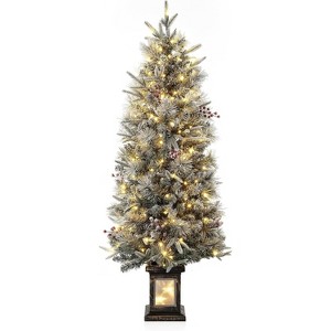 4.5 FT Pre-Lit Artificial Christmas Tree with 200 Warm White LED Lights, Hinged Snow Flocked Branches, Red Berries, Lighting Potted Base, 8 Modes - 1 of 4