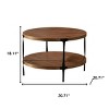 HomeRoots 31" Walnut and Black Wood and Steel Round Coffee Table With Shelf - 3 of 4