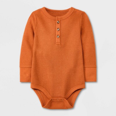Image of Baby Boys' Ribbed Henley Thermal Long Sleeve Bodysuit - Cat & Jack™ Rust 0-3M