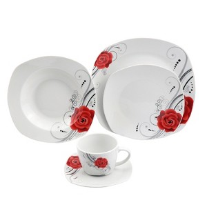 Lorren Home Trends Porcelain 20 Piece Square Dinnerware Set Service for 4-Red Flower - 1 of 4