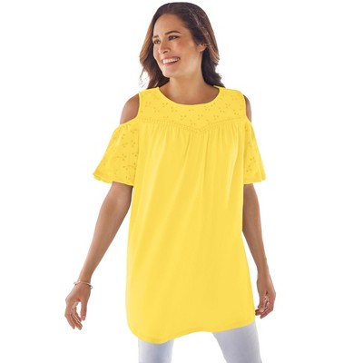 Woman Within Women's Plus Size Eyelet Cold-Shoulder Tunic