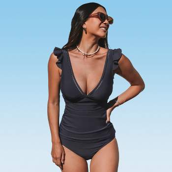 CUPSHE Women Tankini Swimsuits V Neck Ruched Tankini Top Cross Back Two  Piece Bathing Suit Tummy Control,L Black - Yahoo Shopping