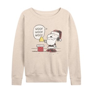 Women's - Peanuts - Snoopy Santa Lightweight French Terry Wide Neck Long Sleeve Graphic Shirt - 1 of 4