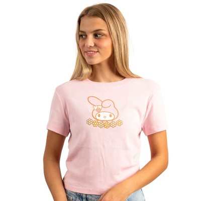 My Melody Character On Flowers Crew Neck Short Sleeve Pink Women's Crop Baby Tee
