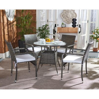 Gray Brown Wicker 4-Person Outdoor Dining Set with White Cushions